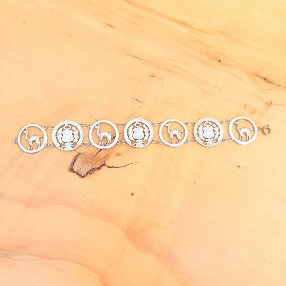 Vtg Peruvian 900 Silver Coin Link Bracelet Vicuna Alpaca Llama Antique Coins
